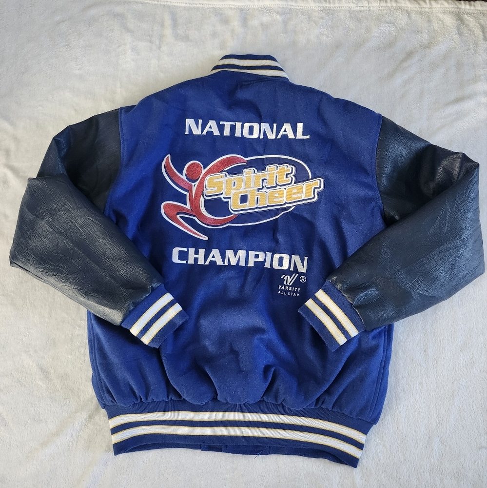 VARSITY Men's Insulated Embroidered Fleece‎ Leather Bomber Jacket Small Blue